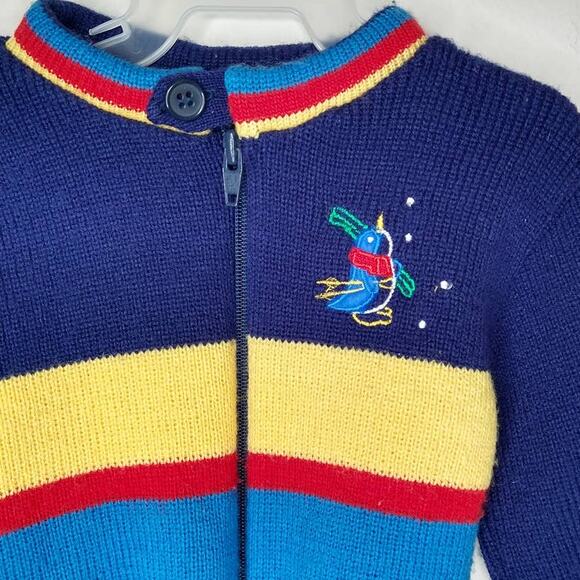Vintage 80's Blue Baby Sweater size 18 Months Embroidered Penguin Zip up - Picture 3 of 4